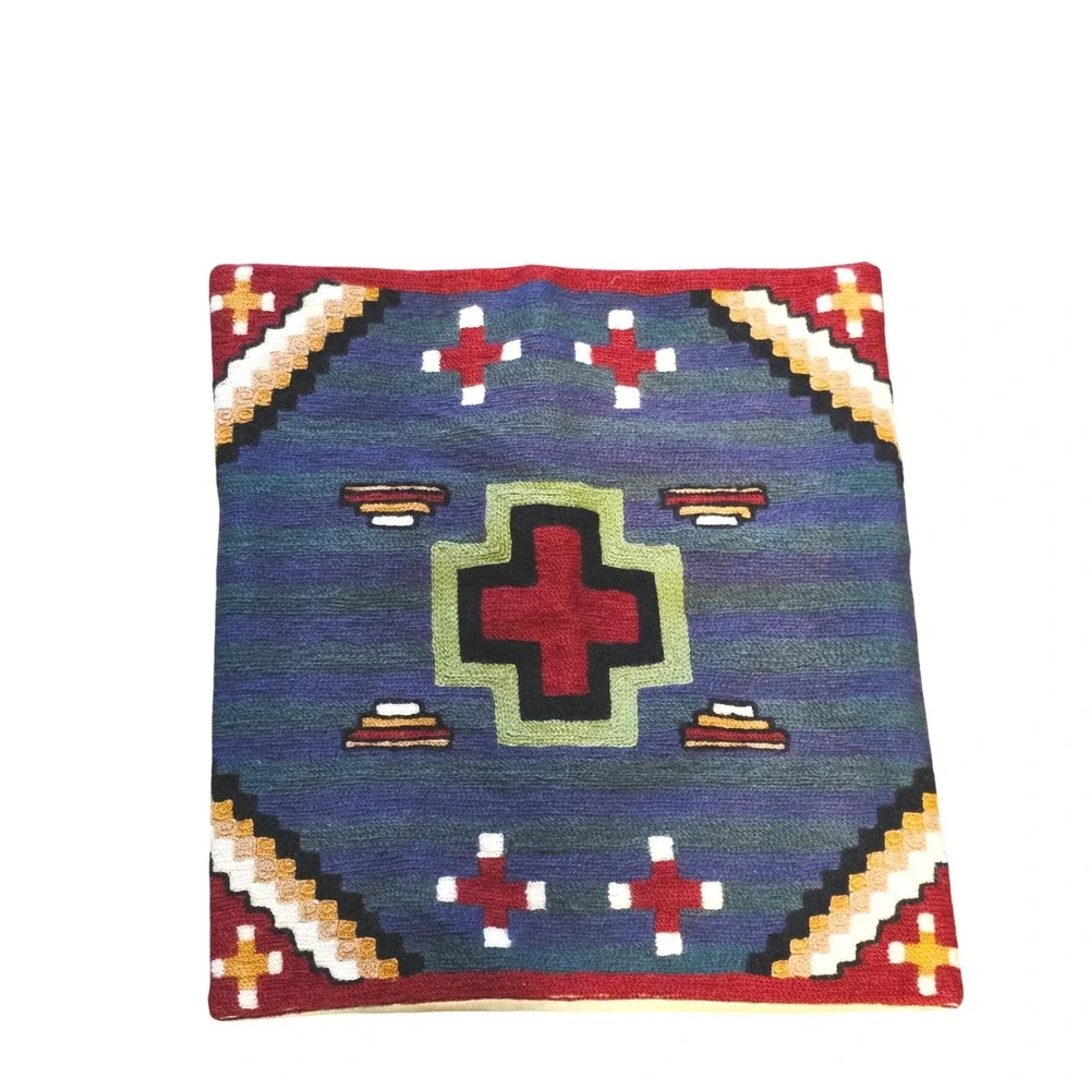 Southwestern Handwoven Wool Pillow Cover,  Blue Red Geometric Cross, Dorm Decor